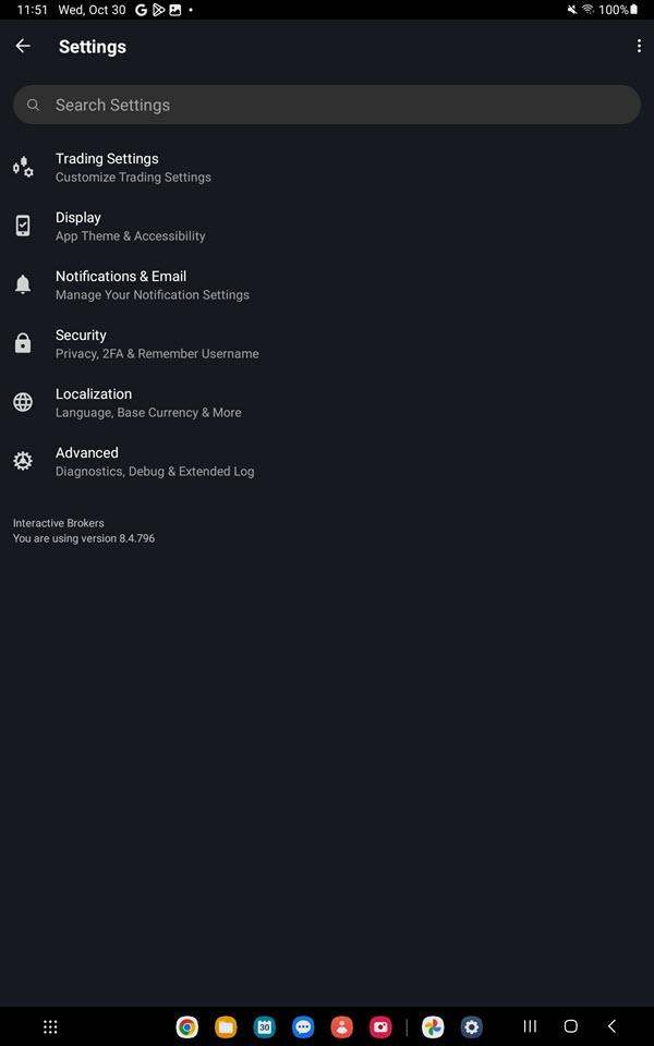 The settings menu for the android tablet. 